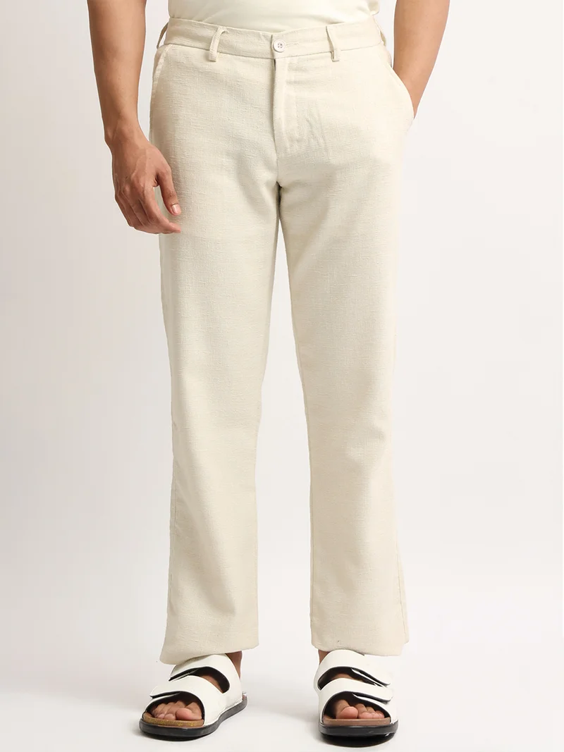 مانياك Maniac Mens Solid Beige Elastic Linen Cotton Blend Trouser
